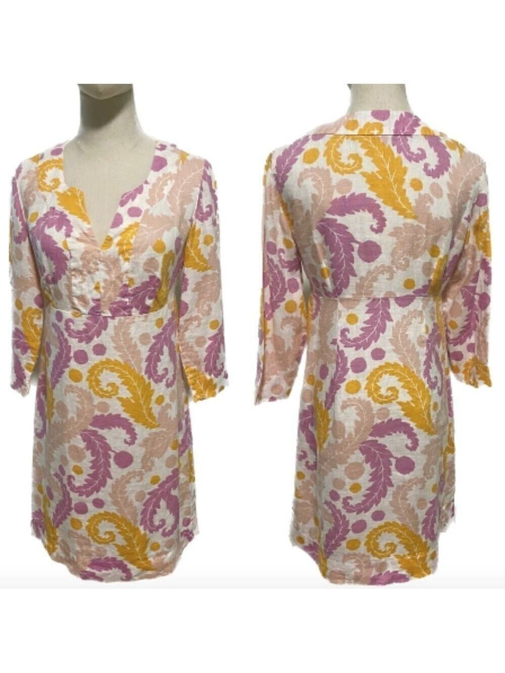 BODEN LINEN BOHO V-NECK WHITE, PINK & GOLD 3/4 SLEEVE SHEATH VGC SZ 2